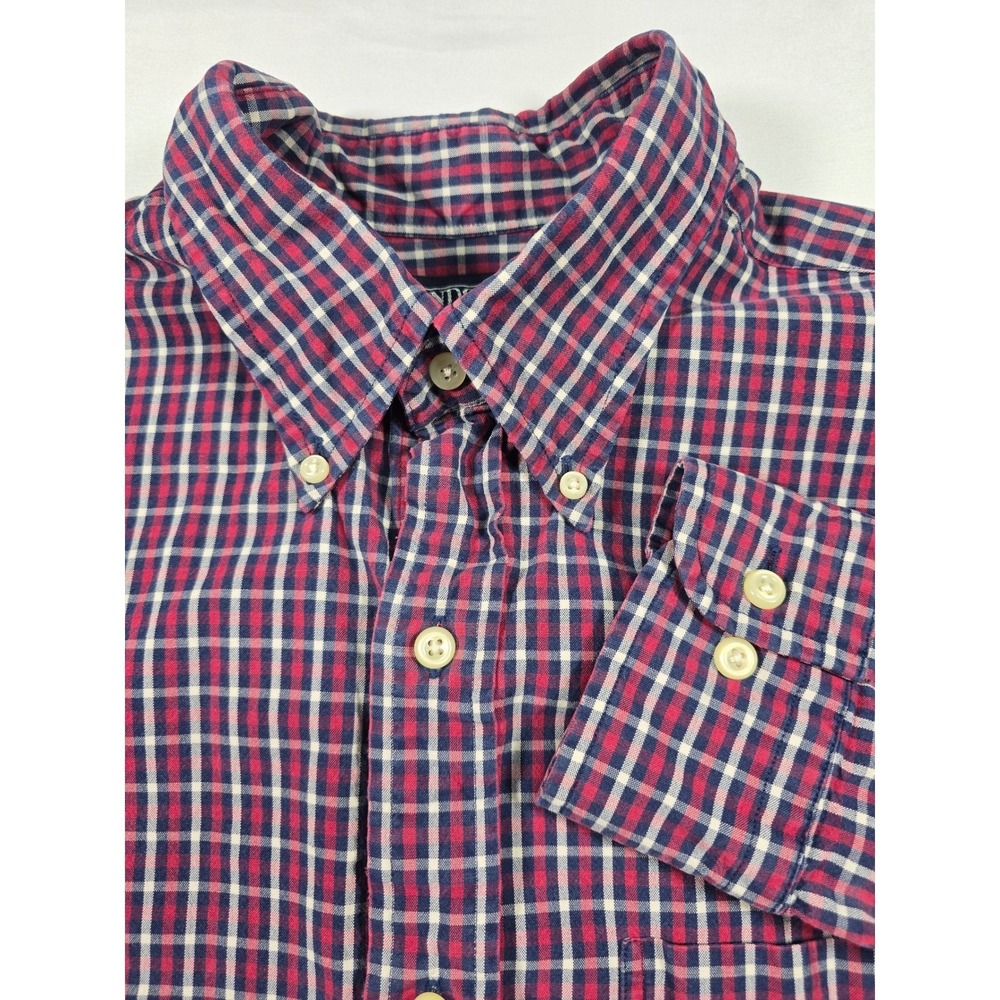 Lands End Mens Button Down Shirt M 15-15.5 Red Blue Plaid Cotton Long Sleeve